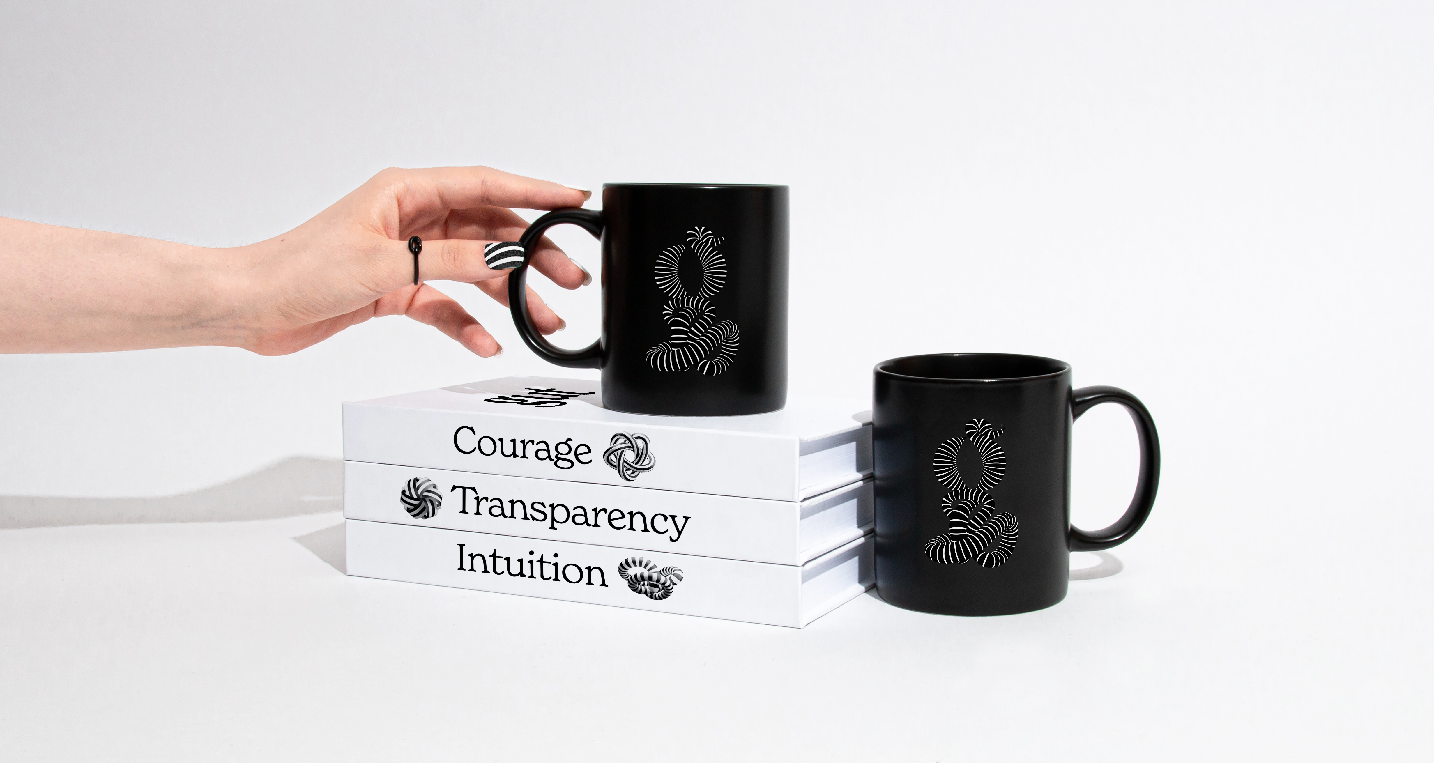 Branded mugs and books