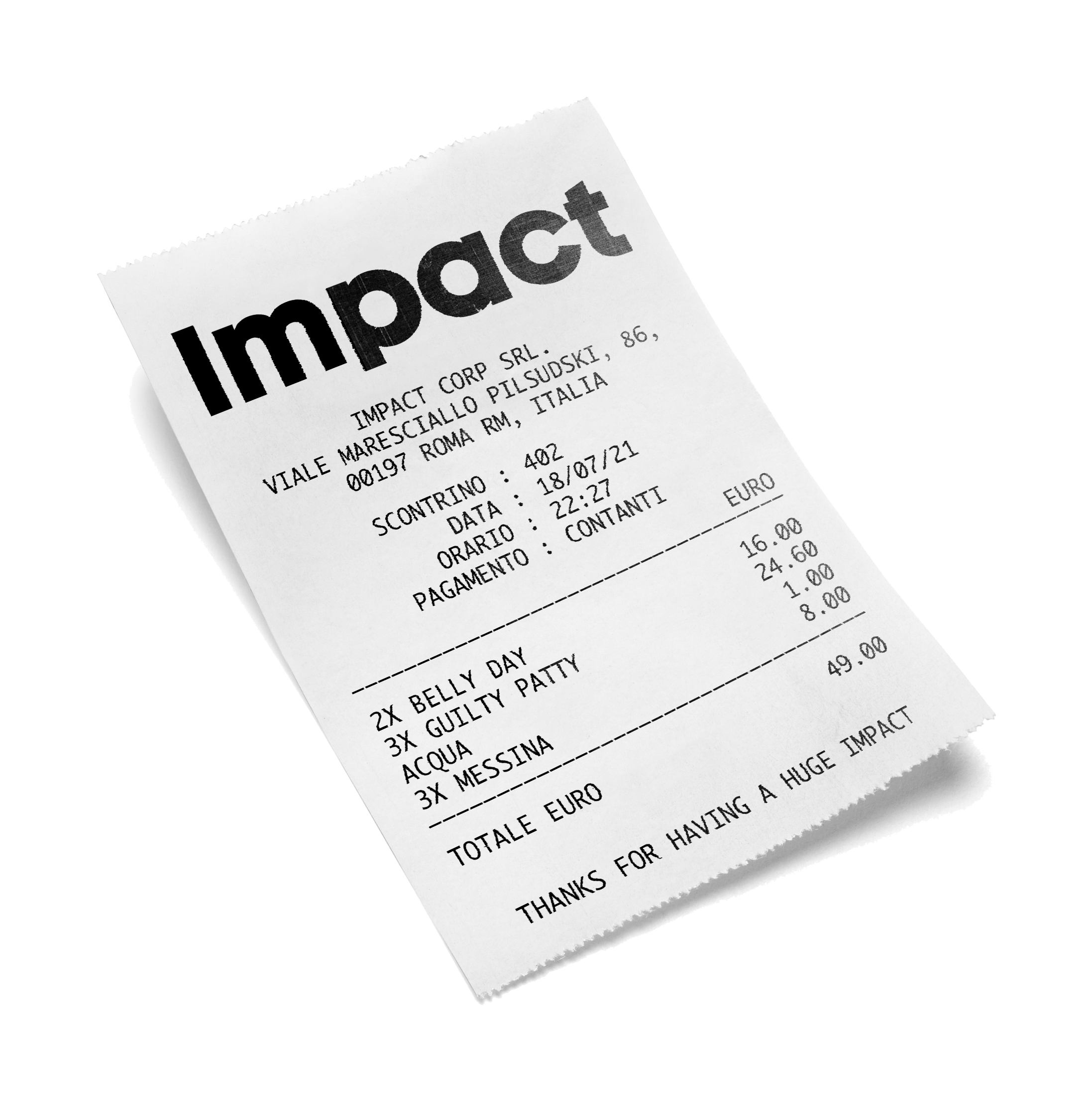 Printed receipt from the restaurant with the logotype on top