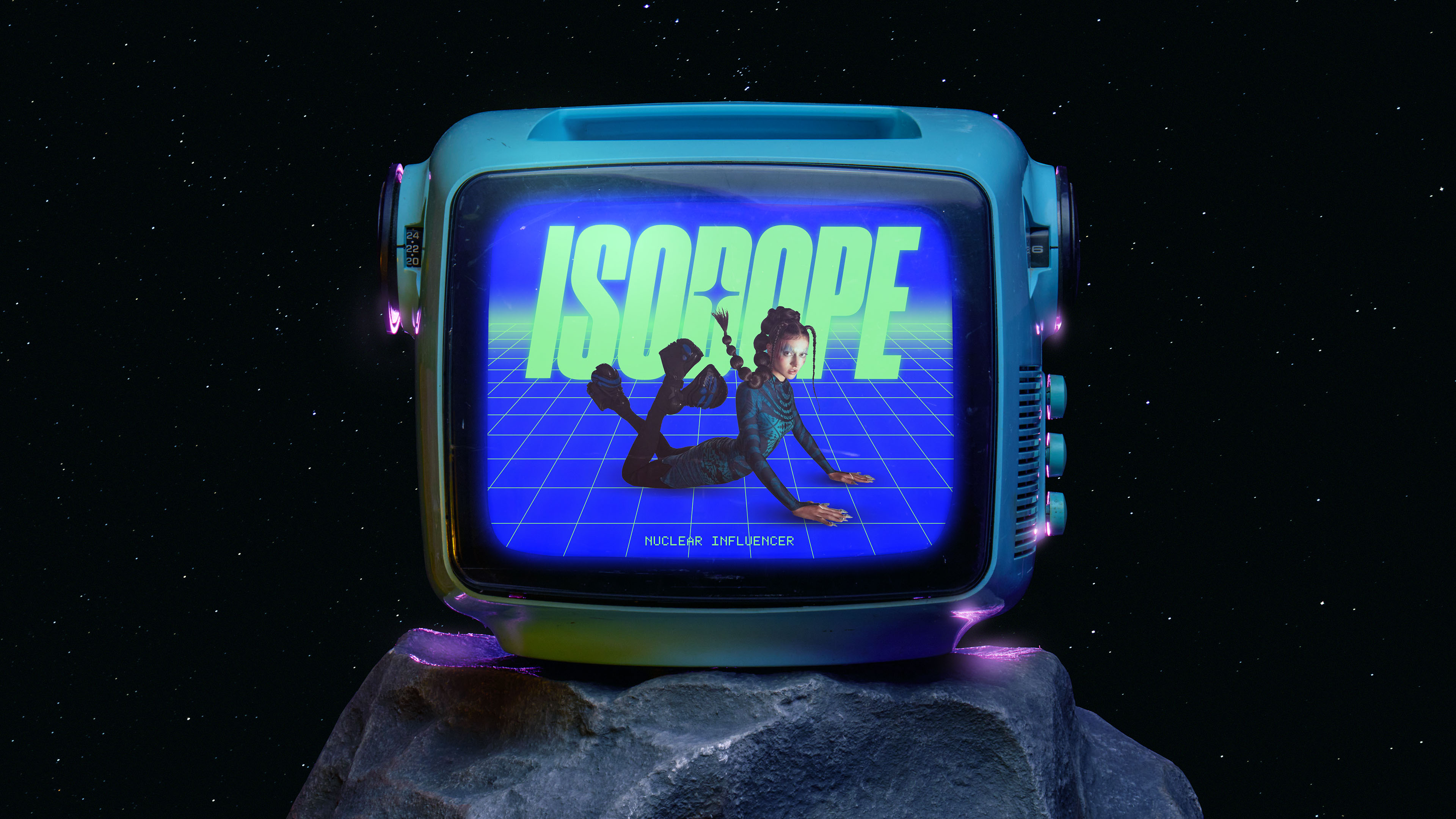 Retro monitor set in space, with a graphic representation of the Isodope brand identity with the logotype, an environment and a photograph of the model