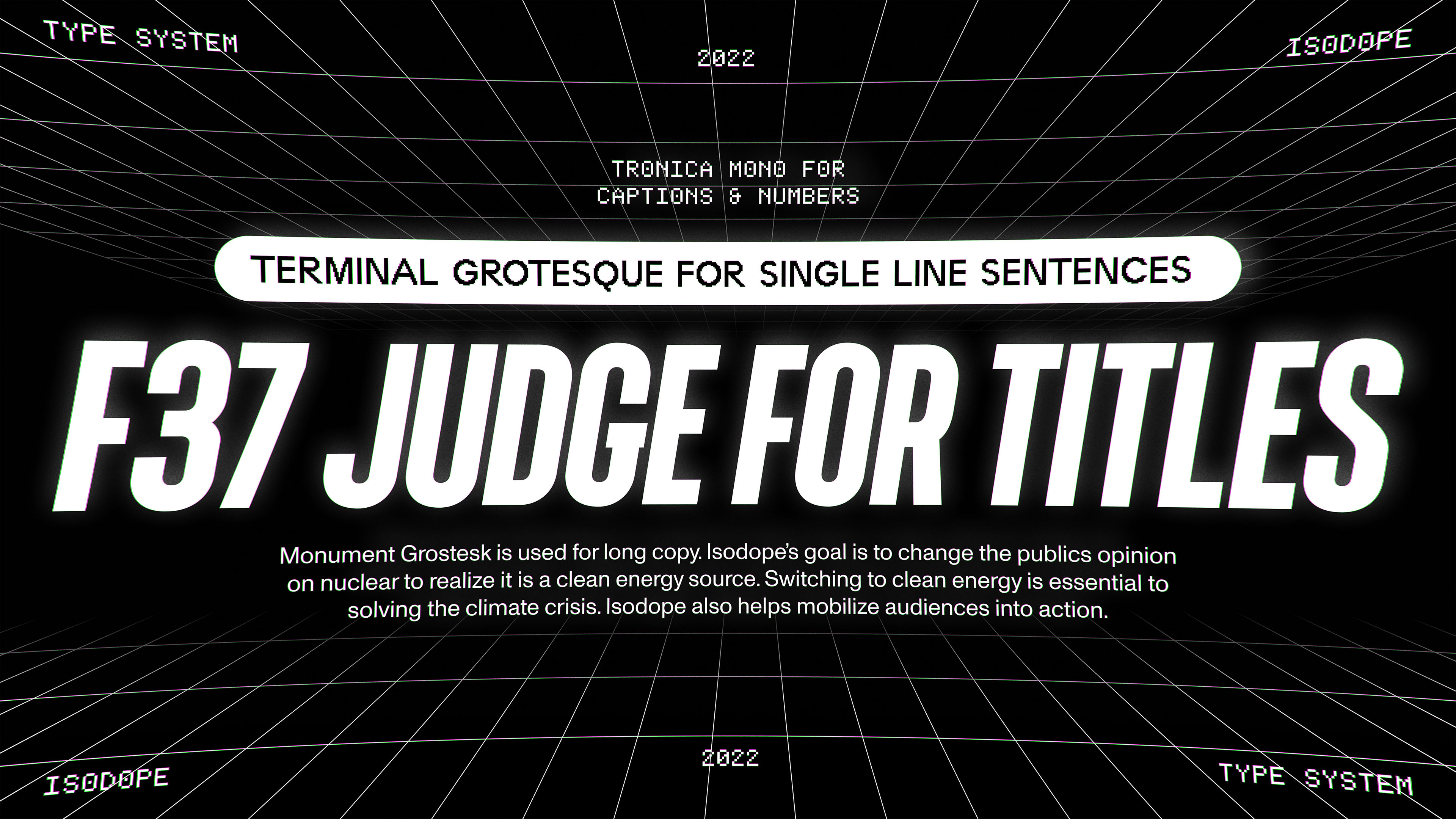 Slide presenting the font pairing for the project with Tronica Mono, Terminal Grotesque, F37 Judge and Monument Grotesk