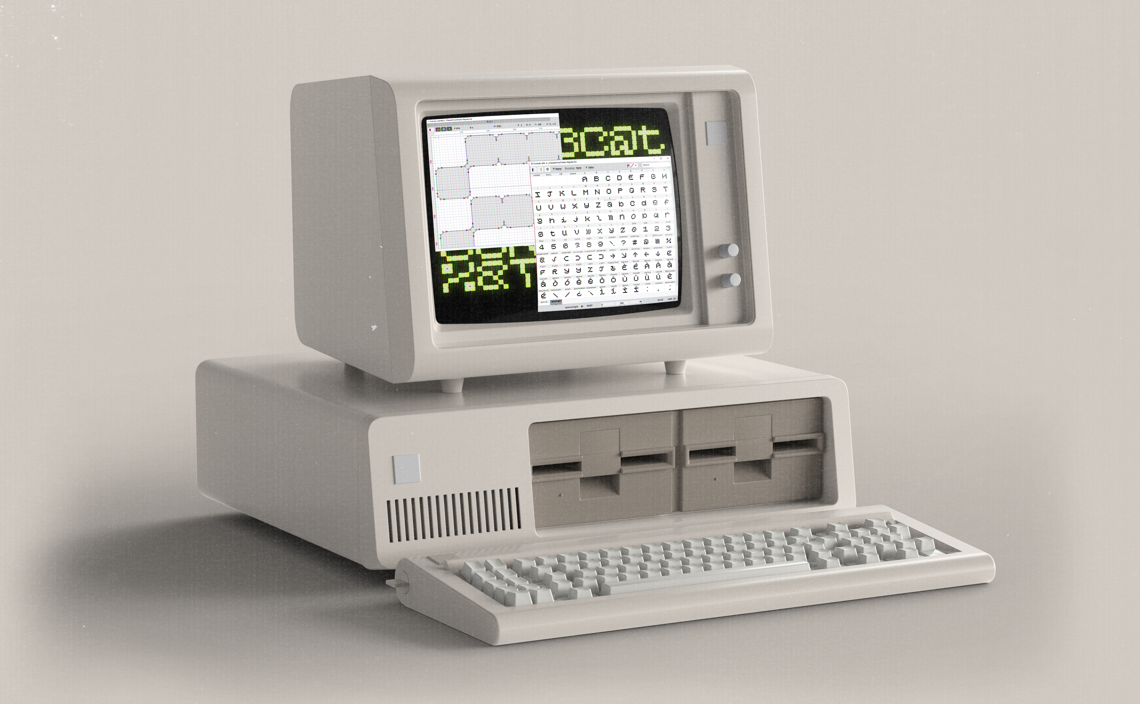 Retro computer with opened overview window of the Sixbysix font